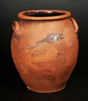 Ovoid 3 Gal. Ovoid Redware Jar with Incised Fish and Incised Bird Decoration