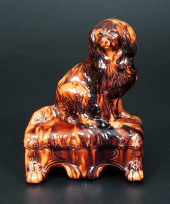 Unusual Redware Molded Redware Dog on Footstool Figure