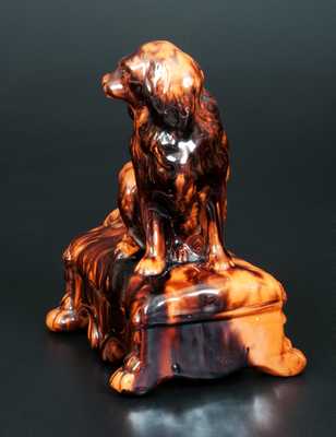 Unusual Redware Molded Redware Dog on Footstool Figure