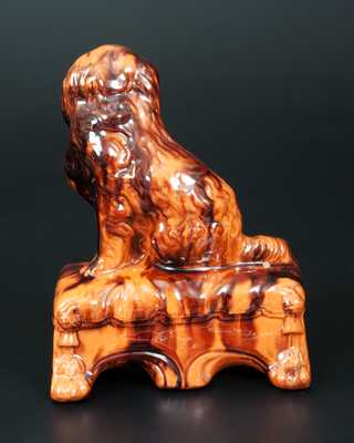 Unusual Redware Molded Redware Dog on Footstool Figure
