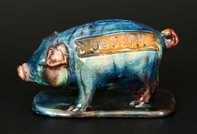 Unusual Multi-colored Earthenware Pig Bank Inscribed "Joseph"