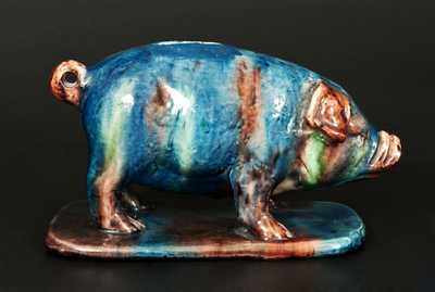 Unusual Multi-colored Earthenware Pig Bank Inscribed 