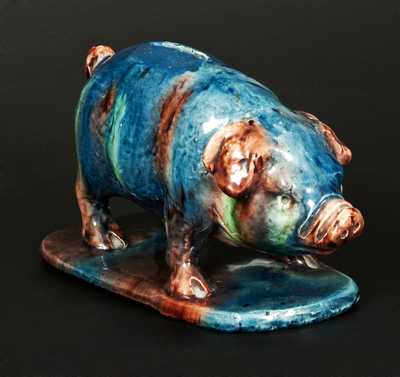 Unusual Multi-colored Earthenware Pig Bank Inscribed 