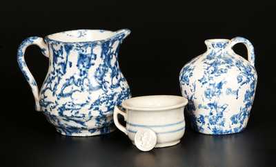 Lot of Three: Miniature Spongeware Wash Pitcher, Spongeware Jug, and Stoneware Chamberpot