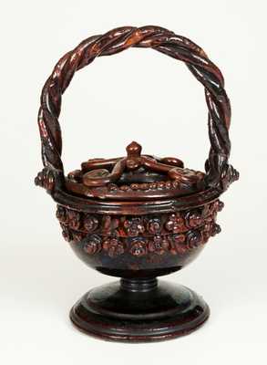 Manganese-Glazed Redware Basket with Rope Handle and Lid, Possibly French, 19th Century