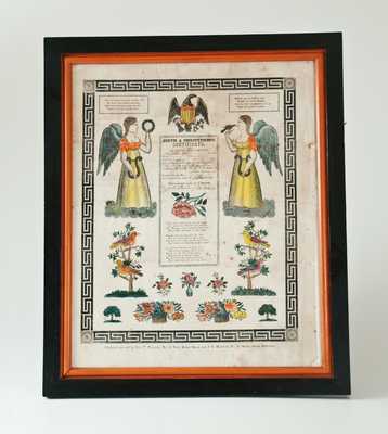 Shenandoah Valley Potter Solomon Bell Hand-Colored Fraktur Listing Birth and Death Information