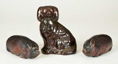 Lot of Three: Midwestern Stoneware Animal Figures incl. Two Pig Flasks and Seated Spaniel Figure