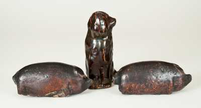 Lot of Three: Midwestern Stoneware Animal Figures incl. Two Pig Flasks and Seated Spaniel Figure
