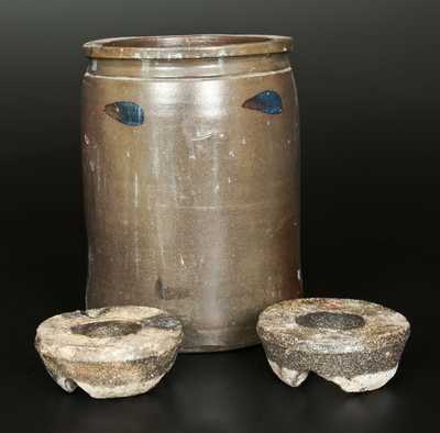 Lot of Three: S.H. SONNER / STRASBURG, VA Stoneware Crock w/ 2 Pcs Strasburg Kiln Furniture