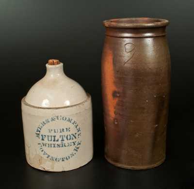 Lot of Two: COVINGTON, KY Stoneware Whiskey Jug and 2 Gal. Narrow Stoneware Jar