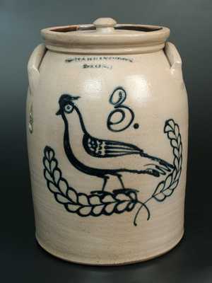 Rare T. HARRINGTON / LYONS Stoneware Crock w/ Ornate Bird-in-Wreath Decoration