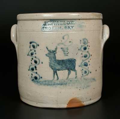 Very Rare J.C. WAELDE / NORTH BAY Stoneware Crock w/ Stenciled Deer Decoration