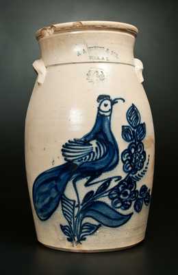 4 Gal. N. A. WHITE & SON / UTICA, NY Stoneware Churn w/ Elaborate Paddletail Bird Decoration