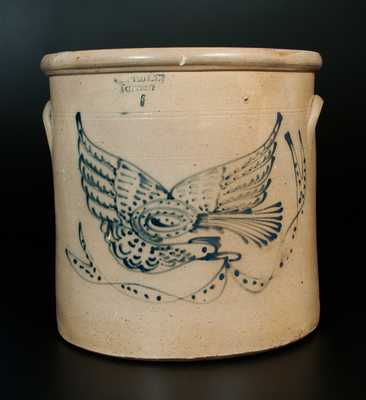 WEST TROY, NY / POTTERY 6 Gal. Stoneware Crock w/ Elaborate Flying Eagle Decoration