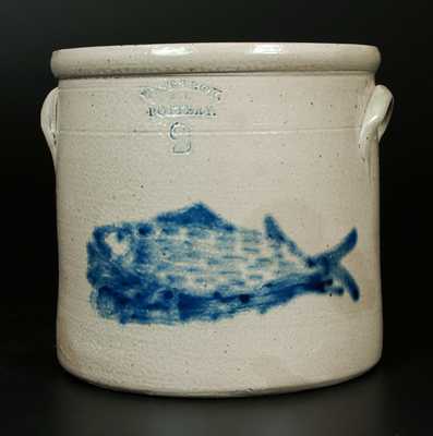 Rare WEST TROY / NY / POTTERY Stoneware Crock w/ Elaborate Fish Decoration