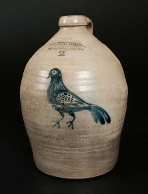 COWDEN & WILCOX / HARRISBURG, PA Stoneware Jug w/ Unusual Heavily-Shaded Bird Decoration