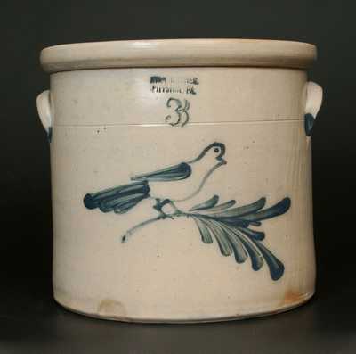 3 Gal. EVAN R. JONES / PITTSTON, PA Stoneware Crock w/ Bird on Branch Decoration