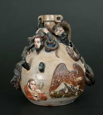 Exceedingly Rare and Important Anna Pottery Snake Jug w/ Civil War & Slavery Motifs