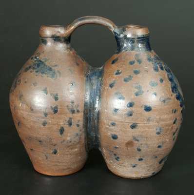 Extremely Rare Stoneware Gemel Jug w/ Cobalt Spotted and Floral Decoration