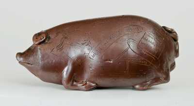 Important Anna Pottery Stoneware Horace Greeley Political Pig Flask, One of Only Three Known