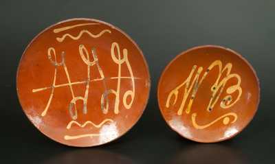Lot of Two: Redware Dish with Yellow Slip Initials 