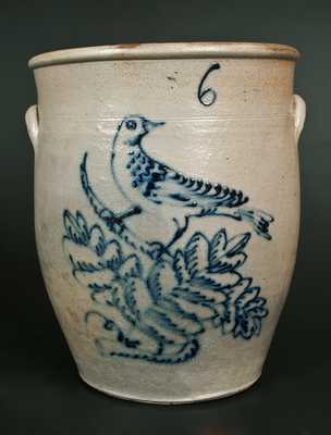 6 Gal. Stoneware Crock w/ Impressive Slip-Trailed Bird on Leafy Branch Decoration