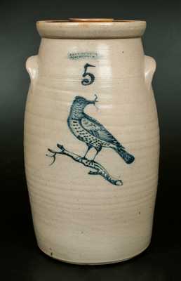 5 Gal. JOHN BURGER / ROCHESTER Stoneware Churn w/ Very Detailed Songbird Decoration