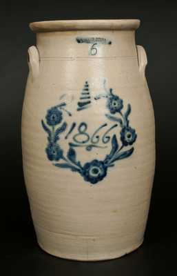 WHITES UTICA 6 Gal. Stoneware Churn with Floral Wreath and 1866 Date