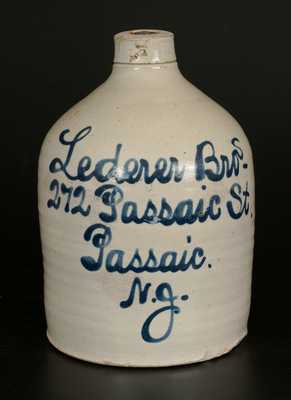 Passaic, NJ Stoneware Script Advertising Jug by Fulper Bros., Flemington, NJ