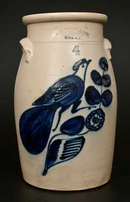 N. A. WHITE & SON / UTICA, NY 4 Gal. Stoneware Churn w/ Bold Paddletail Bird Decoration