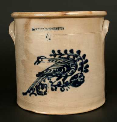 4 Gal. N. A. WHITE & CO. BINGHAMTON Stoneware Crock w/ Slip-Trailed Bird Decoration