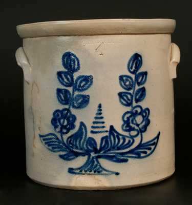 4 Gal. WHITES UTICA Stoneware Crock with Slip-Trailed Floral Decoration