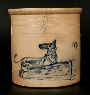 WEST TROY POTTERY 5 Gal. Stoneware Crock with Dog Decoration