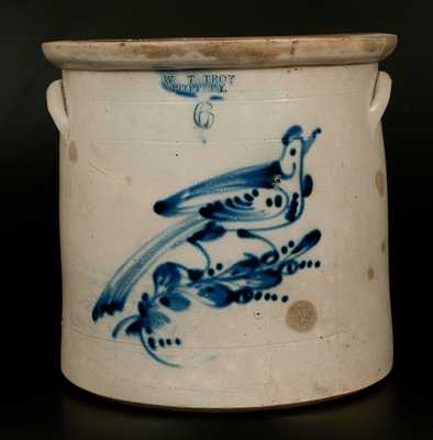 WEST TROY POTTERY 6 Gal. Stoneware Crock with Bird Decoration