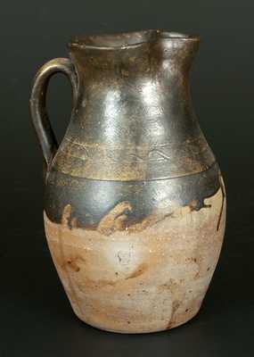 Unusual Stoneware Pitcher with Albany Slip Dip and Incised Sine Wave Design, Tennessee Origin