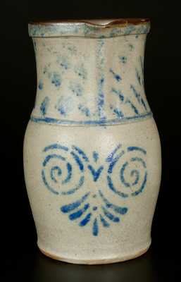 Unusual Western PA or Ohio Stoneware Pitcher with Stenciled and Sponged Cobalt Decoration