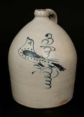 S. HART / FULTON 3 Gal. Stoneware Jug with Slip-Trailed Bird Decoration