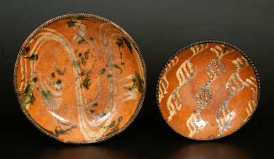 Lot of Two: Slip-Decorated Redware Plates incl. example w/ Yellow Slip and Green Sponging