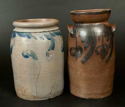 Lot of Two: Baltimore Stoneware Churn and Jar with Hanging Tulip Decoration