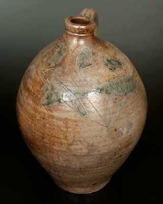 Unusual New York State Stoneware Jug w/ Incised Bird and Floral Decoration