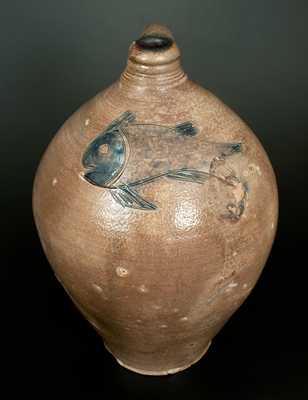 Exceptional Large Ovoid Stoneware Jug w/ Incised Fish Design, Manhattan, c1800