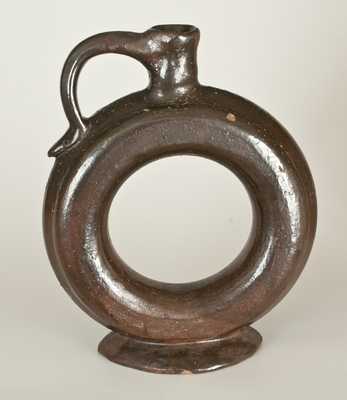 Unusual Stoneware Ring Flask with Snake Terminal Handle, Southern US Origin