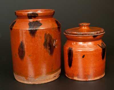 Lot of Two: Redware Jars with Manganese Splotches