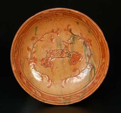 Fine Jacob Medinger, Montgomery County, PA, Redware Dish with Sgraffito Deer and Floral Decoration