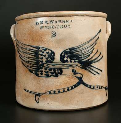 WM. E. WARNER / WEST TROY Stoneware Crock w/ Slip-Trailed Eagle Decoration