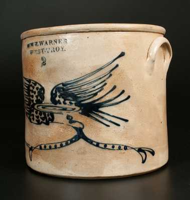 WM. E. WARNER / WEST TROY Stoneware Crock w/ Slip-Trailed Eagle Decoration