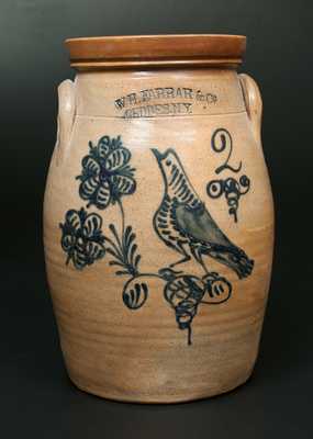 W. H. FARRAR & CO. / GEDDES, NY Stoneware Churn w/ Elaborate Bird-and-Floral Decoration