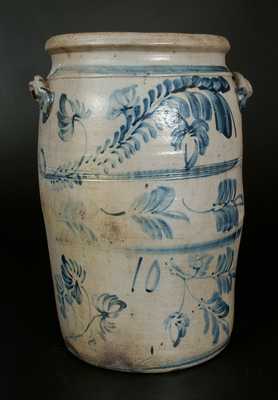 Unusual 10 Gal. Morgantown, WV Stoneware Crock w/ Profuse Brushed Floral Decoration