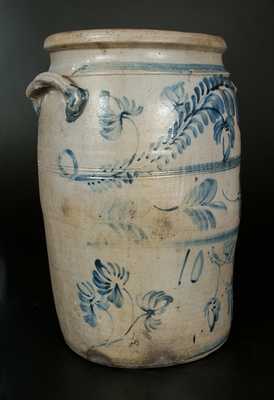 Unusual 10 Gal. Morgantown, WV Stoneware Crock w/ Profuse Brushed Floral Decoration