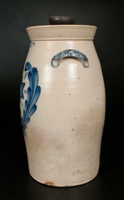 Rare 8 Gal. E.W. FARRINGTON / ELMIRA, NY Stoneware Churn w/ Star and Unusual Molded Handles